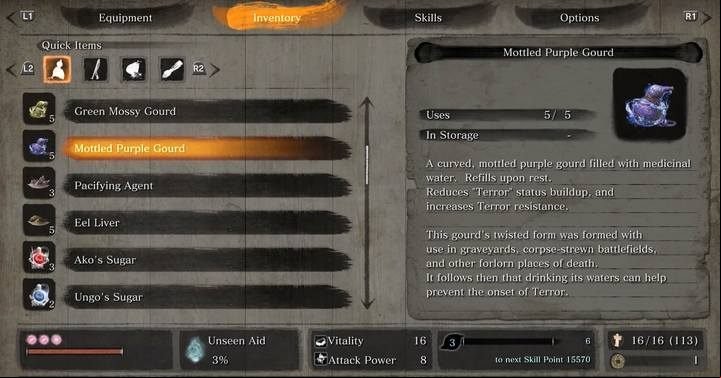 Exiled Memorial Mob, a merchant in Ashina Depths (Mibu Village), sells Mottled Purple Gourd for 1,800 sen - How to protect yourself from Terror in Sekiro? - FAQ - Sekiro Guide and Walkthrough