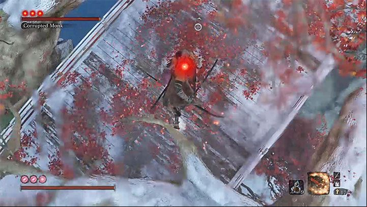 Turn around to face the boss - she is standing below you - True Corrupted Monk | Sekiro Shadows Die Twice Boss Fight - Bosses - Sekiro Guide and Walkthrough