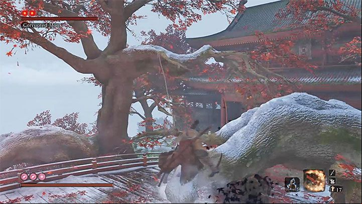After that, quickly use the grappling hook on the nearest hook point - True Corrupted Monk | Sekiro Shadows Die Twice Boss Fight - Bosses - Sekiro Guide and Walkthrough