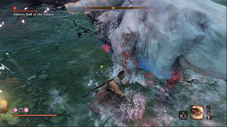 The strategy is the same - you can run around the mini-boss or block its charges with your katana - Sakura Bull of the Palace | Sekiro Shadows Die Twice Boss Fight - Bosses - Sekiro Guide and Walkthrough