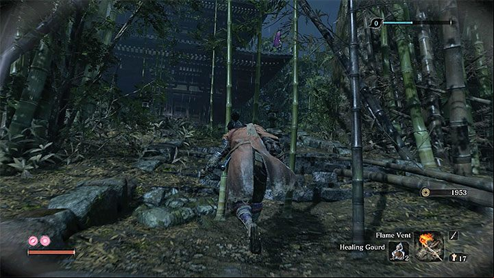 Reach the house on the hill (see the picture above) - Unnamed masked purple enemy | Sekiro Shadows Die Twice Boss Fight - Bosses - Sekiro Guide and Walkthrough