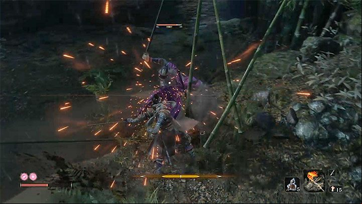 The purple enemy focuses on fast attacks with his katana combined with jumps - Unnamed masked purple enemy | Sekiro Shadows Die Twice Boss Fight - Bosses - Sekiro Guide and Walkthrough