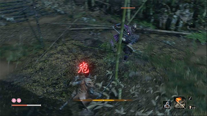 The masked enemy also can perform an attack that cant be blocked - it will be telegraphed with a red symbol - Unnamed masked purple enemy | Sekiro Shadows Die Twice Boss Fight - Bosses - Sekiro Guide and Walkthrough