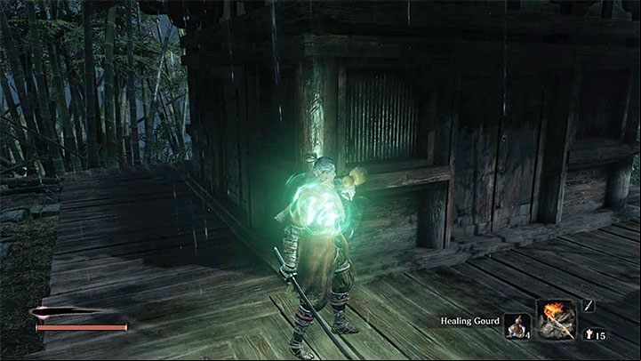 Run around the house guarded by the enemy if you need time to heal yourself or take a break - Unnamed masked purple enemy | Sekiro Shadows Die Twice Boss Fight - Bosses - Sekiro Guide and Walkthrough