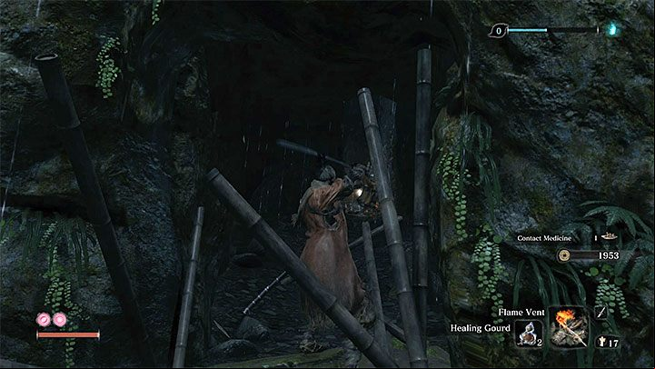 Swim under the bridge and grab the branch behind it (picture 1) - Mist Raven | Prosthetic Tools in Sekiro Shadows Die Twice - Prosthetic Tools - Sekiro Guide and Walkthrough