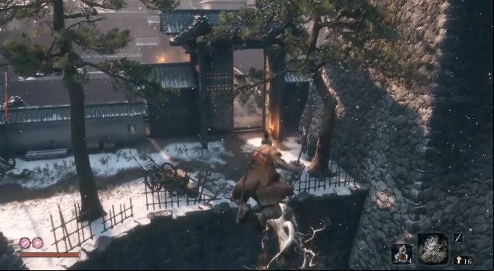 Standing behind the door leading to the Ashina castle, jump to the left, over the ruins - then there is a bridge - Dungeon Memorial Mob | Merchants in Sekiro Shadows Die Twice - Merchants - Sekiro Guide and Walkthrough