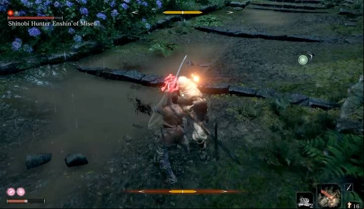 Perform a quick attack while boss regenerates his attack to interrupt his offensive. - Shinobi Hunter Enshin of Misen | Sekiro Shadows Die Twice Boss Fight - Bosses - Sekiro Guide and Walkthrough