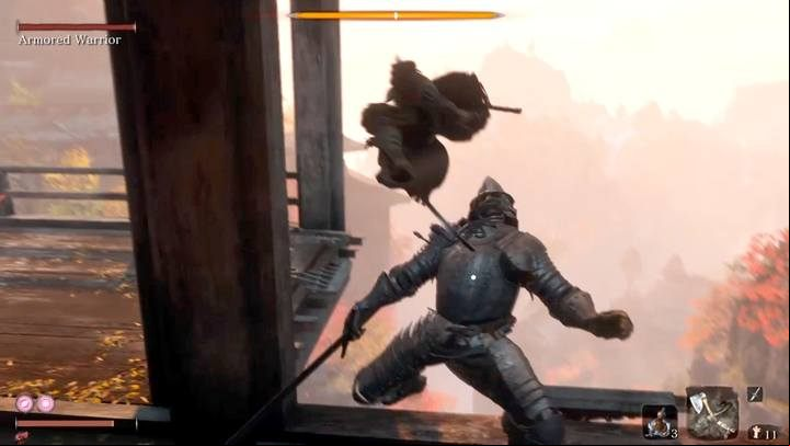The critical strike is possible when the opponents posture bar is filled and you see a red dot on his body - Armored Warrior | Sekiro Shadows Die Twice Boss Fight - Bosses - Sekiro Guide and Walkthrough