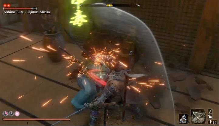 You can poison him with Sabimaru; dont waste Spirit Emblems - stop attacking once Mizuo gets poison status effect. - Ashina Elite - Ujinari Mizuo | Sekiro Shadows Die Twice Boss Fight - Bosses - Sekiro Guide and Walkthrough