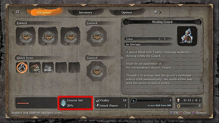 You can easily check the current value of Unseen Aid by opening the inventory window-it is displayed at the bottom of the screen (image above) - What is the Unseen Aid in Sekiro Shadows Die Twice? - FAQ - Sekiro Guide and Walkthrough
