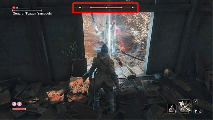 Delivering attacks with the katana and parrying successive blows gradually fills the orange Posture bar of the enemy, which is displayed at the top of the screen - Starting Tips for Sekiro Shadows Die Twice - Basics - Sekiro Guide and Walkthrough