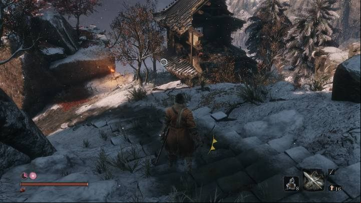 Below the cliff with the merchant, you will find a ruined building and a dying man nearby - Ashina Outskirts | Sekiro Shadows Die Twice Walkthrough - Main story - Sekiro Guide and Walkthrough