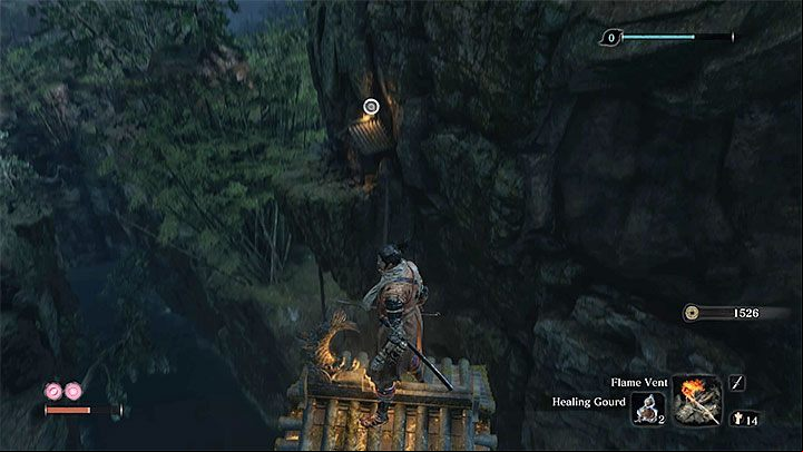 Some of the interactive grapples are less accessible and might require you to leap and hang on to the grapple in midair (an example in the screenshot) - Grappling Hook | Prosthetic Tools in Sekiro Shadows Die Twice - Prosthetic Tools - Sekiro Guide and Walkthrough