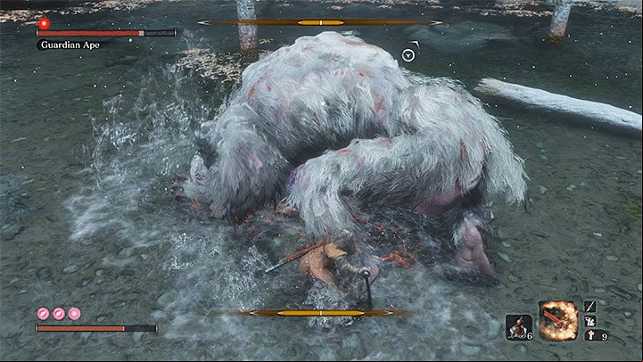 Attack the Guardian Ape with attacks useful against beast-type enemies - Guardian Ape in Sunken Valley | Sekiro Shadows Die Twice Boss Fight - Bosses - Sekiro Guide and Walkthrough