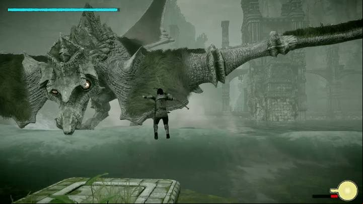 Only the middle platform enables you to get a hold of the wing - a player standing on the other two platforms will be hit by the blast wave - Colossus 5 - Avion | Shadow of the Colossus Walkthrough - Walkthrough - Shadow of the Colossus Game Guide