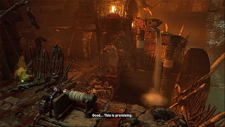 Position yourself at the new crank and aim at the higher structure with the serpents head shown in picture 1 - How to solve the gate opening puzzle of Eye of the Serpent in Cenotes? - Solving Riddles - Shadow of the Tomb Raider Game Guide