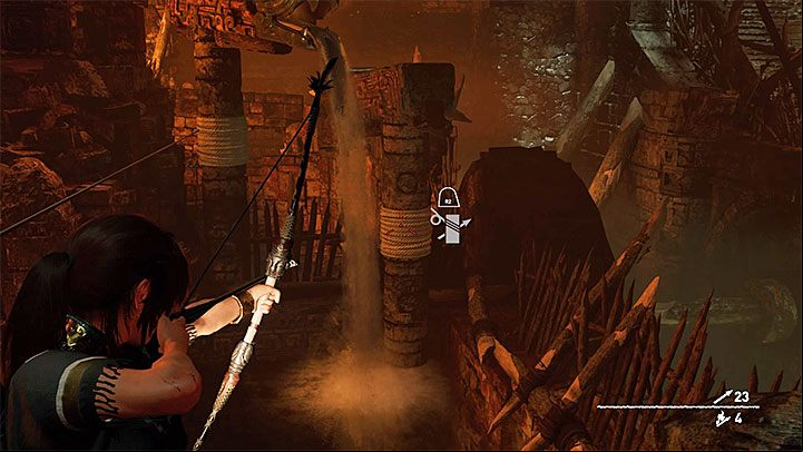 Return to the crank and aim at the rope knot at the bottom structure with serpents head (as shown in the picture above) - How to solve the gate opening puzzle of Eye of the Serpent in Cenotes? - Solving Riddles - Shadow of the Tomb Raider Game Guide