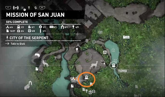 Tree of life tomb is located in the western part of the location - Challenge Tombs - Mission of San Juan in Shadow of the Tomb Raider - Challenge Tombs - Shadow of the Tomb Raider Game Guide