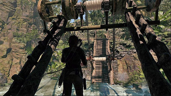 Aim the bow at the rope coil shown on picture 1 - Solving the bridge riddle and fighting jaguar in Peruvian Jungle - Rough Landing - Peruvian Jungle - Shadow of the Tomb Raider Game Guide