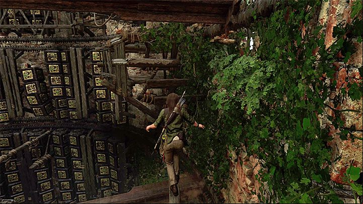 After reaching the largest ledge, take the beam and when in the spot shown above - make a leap - How to complete the Trial of the Eagle in Shadow of the Tomb Raider Game? - Solving Riddles - Shadow of the Tomb Raider Game Guide