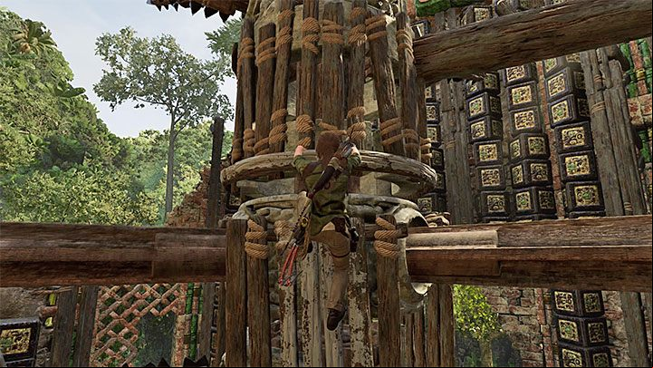 Just as before, you have to wait for the right moment for reaching one of the ladders mounted onto the central mechanism - How to complete the Trial of the Eagle in Shadow of the Tomb Raider Game? - Solving Riddles - Shadow of the Tomb Raider Game Guide