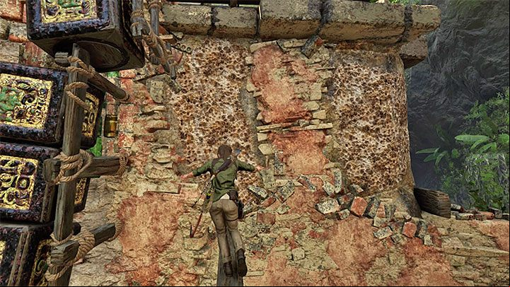 Use the beam to reach the two climbing walls shown on the picture - How to complete the Trial of the Eagle in Shadow of the Tomb Raider Game? - Solving Riddles - Shadow of the Tomb Raider Game Guide