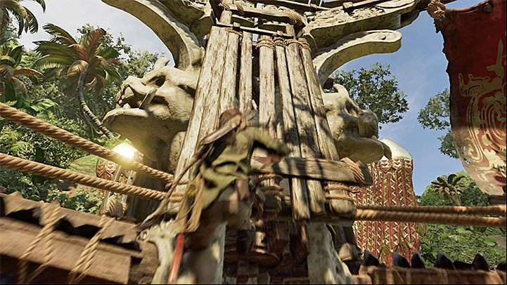 After reaching the upper ledge, use the new beam and jump onto the edge near the red part of the center of the structure - How to complete the Trial of the Eagle in Shadow of the Tomb Raider Game? - Solving Riddles - Shadow of the Tomb Raider Game Guide