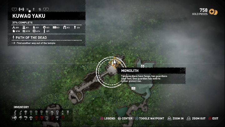 Lara will read out a hint: Two guardians have fangs, two guardians have feet - Mam monoliths in Shadow of the Tomb Raider Game - Monoliths - Shadow of the Tomb Raider Game Guide