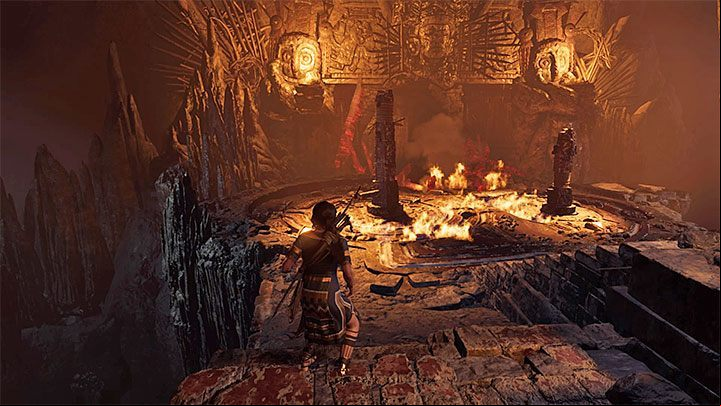 The last step is obvious - interact with the mechanism on picture 1 to set the substance alit - Completing the Trial of the Serpent in Shadow of the Tomb Raider - Solving Riddles - Shadow of the Tomb Raider Game Guide