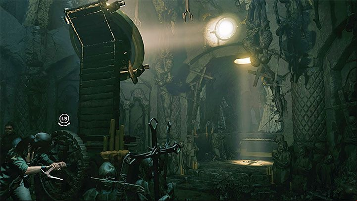 Approach the device with the spinning wheel - How to solve the way of the cross puzzle beneath the library in San Juan? - Solving Riddles - Shadow of the Tomb Raider Game Guide