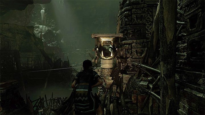 Rotate the spinning wheel to move the construction with a serpents head to the right (the picture 1) - Exploring of the temple - Eye of the Serpent; Empty-Handed - Mountain Temple Cenote - Shadow of the Tomb Raider Game Guide