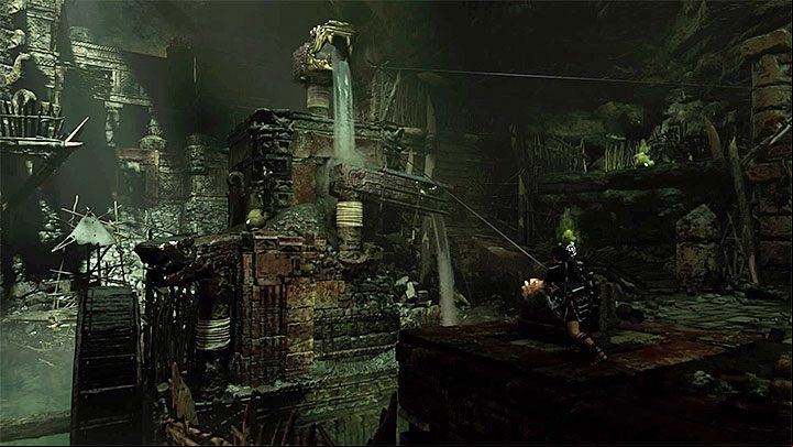 Use the spinning wheel to start moving the upper construction with a serpents head - Exploring of the temple - Eye of the Serpent; Empty-Handed - Mountain Temple Cenote - Shadow of the Tomb Raider Game Guide