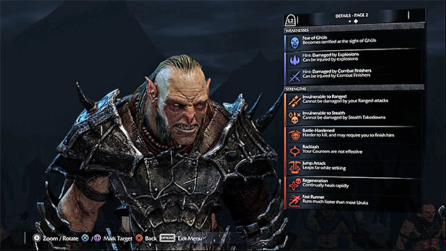 An example page with weak an strong points of a member of the Saurons Army - Weak and strong points of the of the Saurons Army | Saurons Army (Nemesis System) - Saurons Army (Nemesis System) - Middle-earth: Shadow of Mordor Game Guide