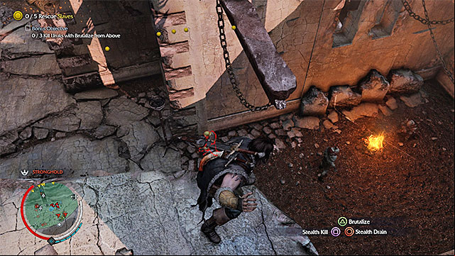 Wait until an orc stands right below Talion and press Brutalize button - Borrowed Blades | Outcast Rescue Missions - Outcast Rescue Missions - Middle-earth: Shadow of Mordor Game Guide