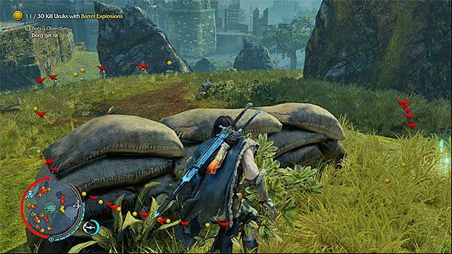 Hide behind sandbags - Shadow and Flame (bow) | Weapon Missions - Weapon Missions - Middle-earth: Shadow of Mordor Game Guide