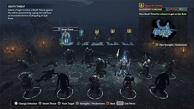 You can strengthen a Warchief thanks to, e.g. sending him a Death Threat - Extra mission: Brand the Warchiefs | Main missions - Main missions - Middle-earth: Shadow of Mordor Game Guide