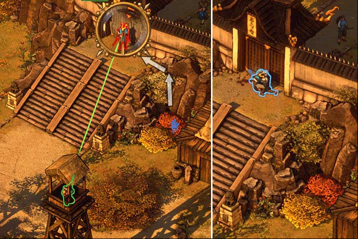 Now you need to deal with the samurai - Mission 5 - Lord Yabus Palace | Walkthrough - Campaign - Shadow Tactics: Blades of the Shogun Game Guide
