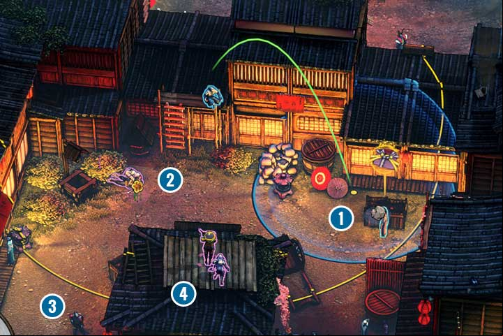 First of all, you must eliminate the opponent and civilians in the alley on the right in order to climb up the vines on the roof of the building - Mission 11 - Matsuyama City | Walkthrough - Campaign - Shadow Tactics: Blades of the Shogun Game Guide