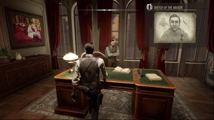 There is a man sitting alone by his desk, wearing a blue shirt and a green vest, which will help you locate him - Sherlock Holmes Chapter One: Short Temper - trophy, how to get? - Trophy Guide - Sherlock Holmes Chapter One Guide