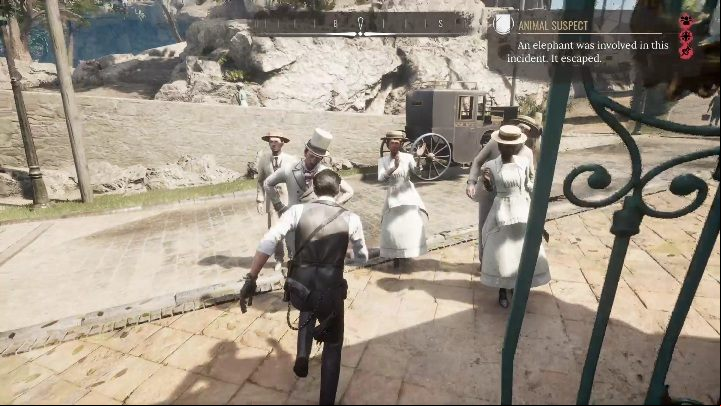 There's a group of elegant people in front of the Gilden residence, all dressed fully in white - Sherlock Holmes Chapter One: Gilded Cage, elephant escape - walkthrough - A gold-plated cage - Sherlock Holmes Chapter One Guide