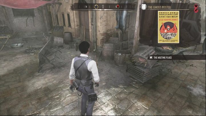The first object you need to investigate is the knocked over ad, near which you will find - Sherlock Holmes Chapter One: The Ghost-Hunter - walkthrough, Cordona stories - Cordon Tales - Sherlock Holmes Chapter One Guide