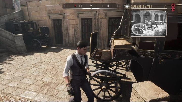 Exact location: The first treasure is on a black carriage on the yard between buildings - Sherlock Holmes Chapter One: Treasure Island, Stage 1 - walkthrough, solution - Cordon Tales - Sherlock Holmes Chapter One Guide