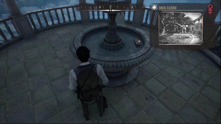 Exact location: Going north from Sherlock's family home, you will see a gazebo - Sherlock Holmes Chapter One: Treasure Island, Stage 1 - walkthrough, solution - Cordon Tales - Sherlock Holmes Chapter One Guide