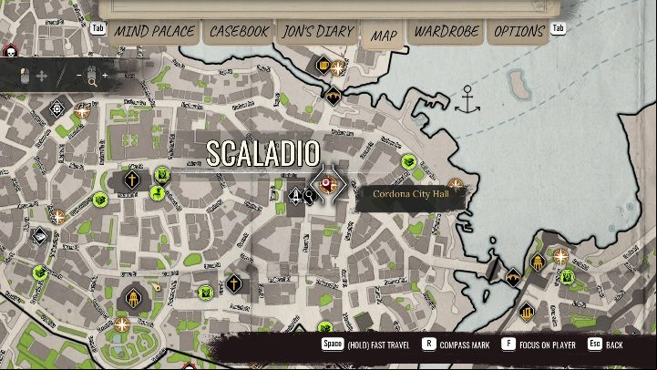 The whole story begins at the town hall in Scaladio - Sherlock Holmes Chapter One: Silence Is Golden - walkthrough - Cordon Tales - Sherlock Holmes Chapter One Guide