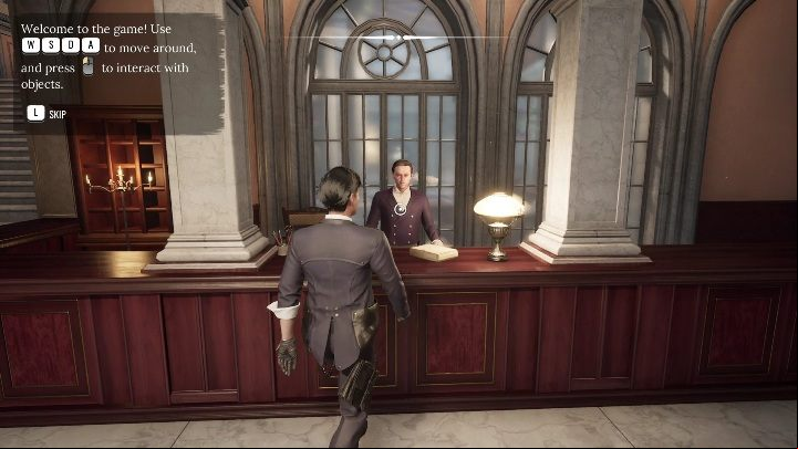 Your first task is to reach the reception desk - Sherlock Holmes Chapter One: A Mothers Love, hotel - walkthrough - Motherly love (beginning) - Sherlock Holmes Chapter One Guide
