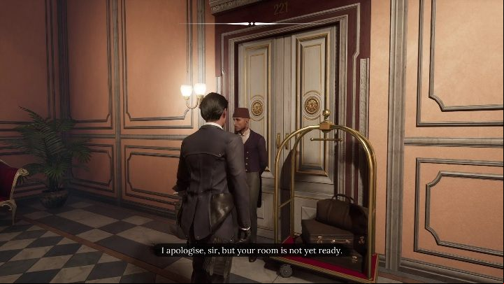 After receiving the information about the room, go upstairs - Sherlock Holmes Chapter One: A Mothers Love, hotel - walkthrough - Motherly love (beginning) - Sherlock Holmes Chapter One Guide