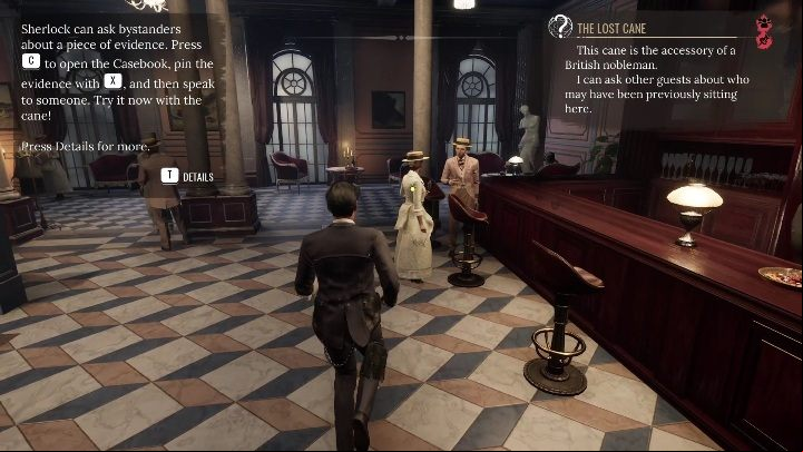 You can get the information about the guest sitting at the table from the woman standing at the bar - Sherlock Holmes Chapter One: A Mothers Love, hotel - walkthrough - Motherly love (beginning) - Sherlock Holmes Chapter One Guide