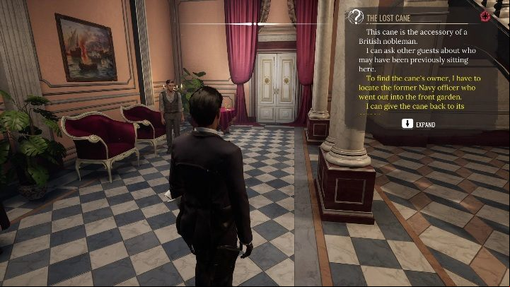 Once you find out who owns the cane, you can go to the seance room - Sherlock Holmes Chapter One: A Mothers Love, hotel - walkthrough - Motherly love (beginning) - Sherlock Holmes Chapter One Guide