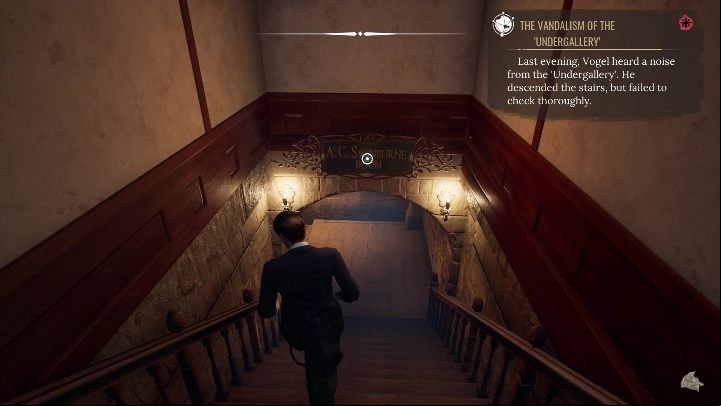 You need to select the appropriate task (marked on the screenshot above) and go to the basement, in order to obtain evidence and reconstruct the events - Sherlock Holmes Chapter One: The Muse From Abroad, Art Gallery - walkthrough - Muse from abroad - Sherlock Holmes Chapter One Guide