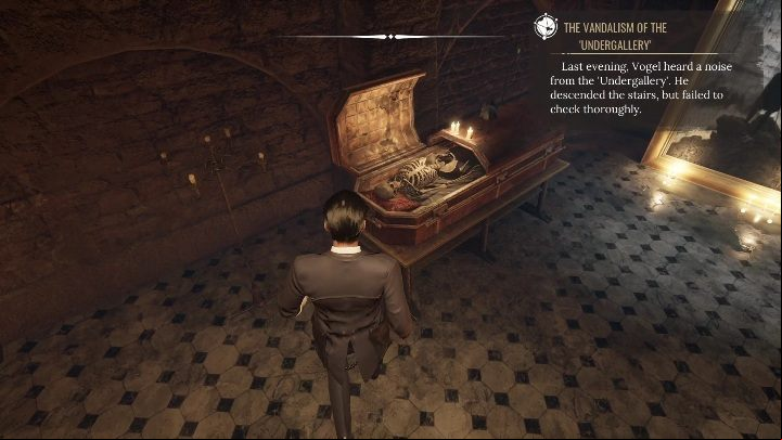 When you move from the bed to the right, you will see an open coffin, with a human skeleton inside - Sherlock Holmes Chapter One: The Muse From Abroad, Art Gallery - walkthrough - Muse from abroad - Sherlock Holmes Chapter One Guide
